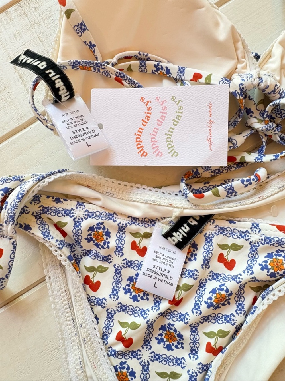 Dippin' Daisy's Cream Bikini with Blue Floral & Red Cherry Print - Picture 3 of 3